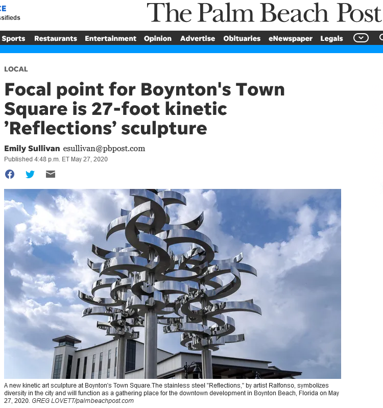 A new kinetic art sculpture at Boynton’s Town Square.The stainless steel “Reflections,”